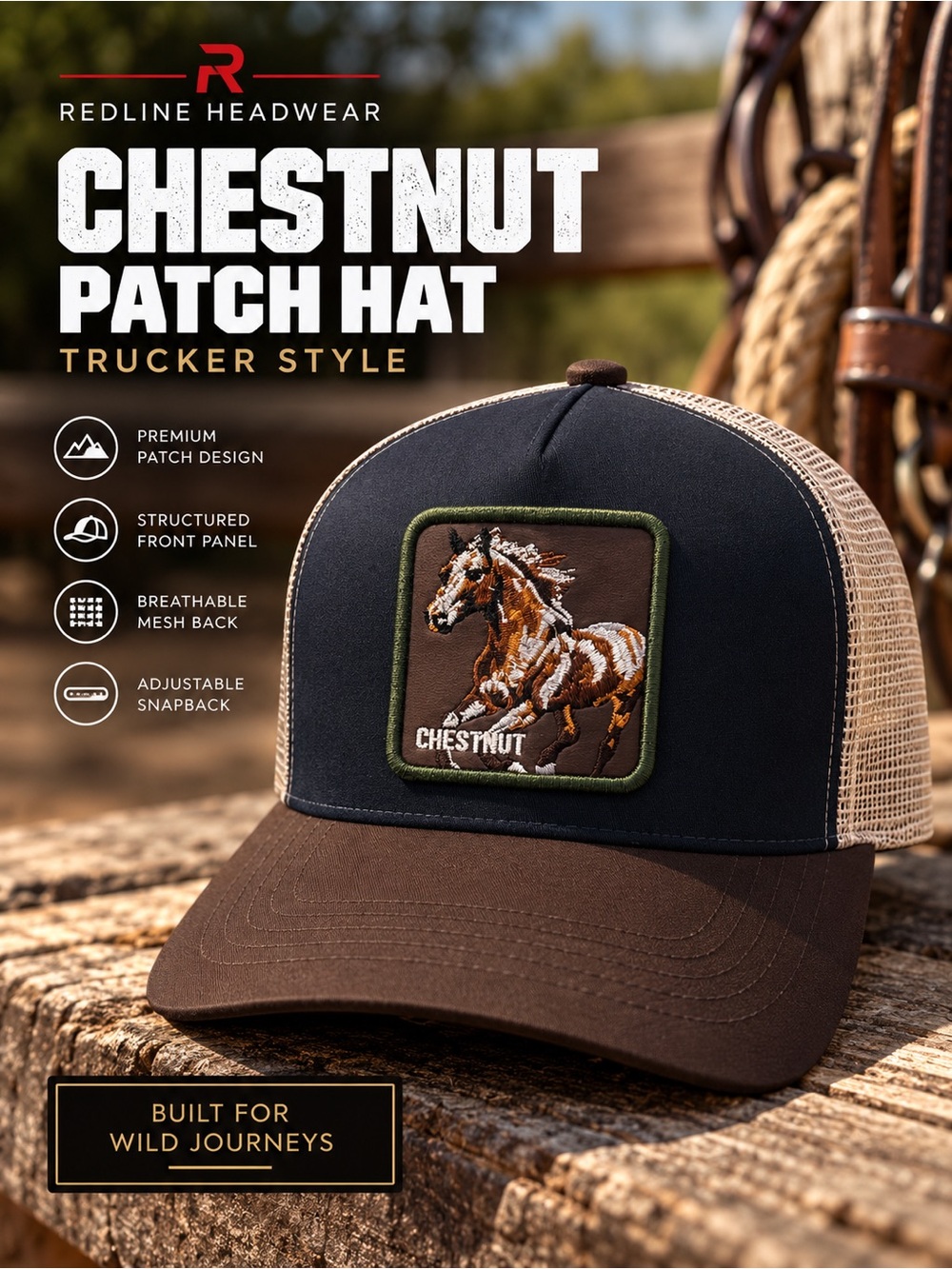 Chestnut Horse Patch Trucker Hat Navy Brown Western Equestrian Snapback